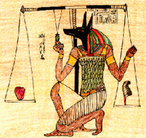 Anubi pesa il cuore del defunto rapportandolo a una piuma