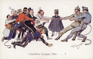 Vignetta satirica del 1914, l'Italia osserva, agli albori della Grande Guerra, il tiro alla fune fra Stati Nazionali (a sinistra) e imperi centrali (a destra)